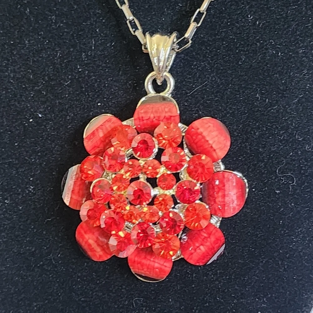 Red Glass and Crystal Flower Pendant Necklace and Matching Flower Earrings Set
